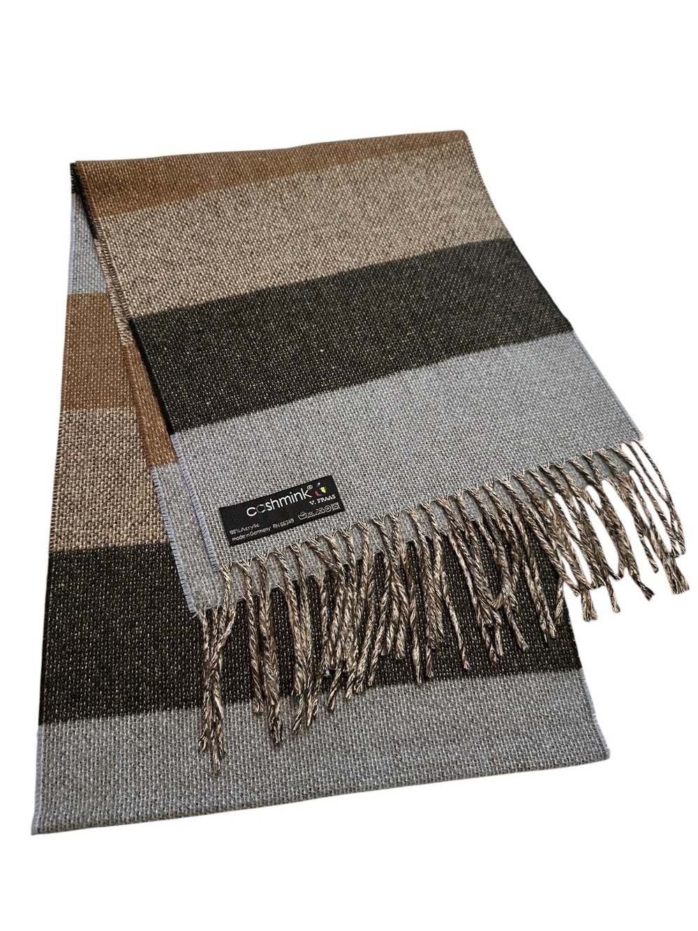 Cashmink V. Fraas Germany Colorblock Fringe Scarf – Gray Brown Taupe